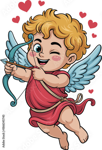 Cartoon cupid aiming bow and arrow surrounded by floating hearts romantic cherub character illustration for valentine's day love celebration holiday themed design element for greeting cards and social