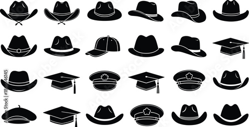 Hat, Headwear, Silhouette, Cowboy, Fedora, Cap, Graduation, Uniform, Fashion, Accessory, Black, Vector, Icon, Set, Collection, Isolated, Graphic, Minimal, Style, Design
