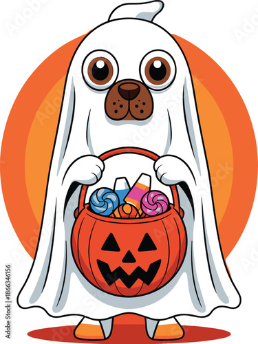 Cute cartoon dog dressed as ghost holding pumpkin bucket full of Halloween candy sweets trick or treat illustration for holiday themed greeting cards party invitations and spooky season marketing mate