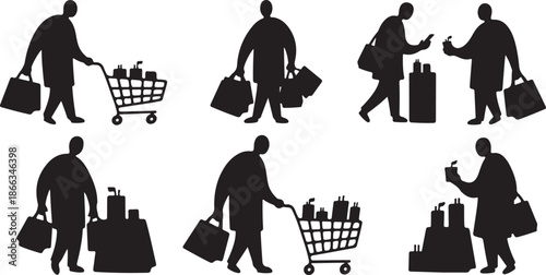 Silhouettes of people shopping with bags and carts