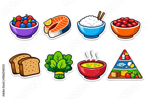 Food and nutrition cartoon icons set