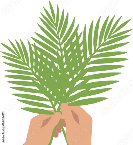 Hands holding green palm branches to celebrate Palm Sunday and Holy Week religious tradition symbolizing peace and victory in Christian faith welcoming the entry of Jesus into Jerusalem.