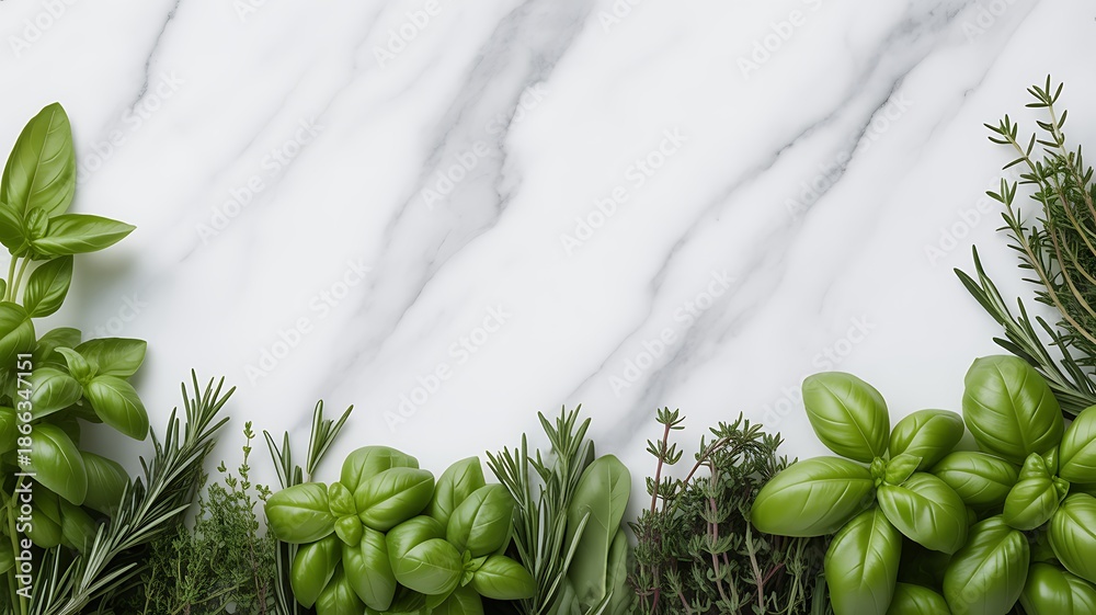 Obraz premium Fresh herbs on marble surface