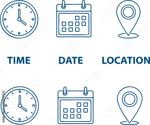Blue of clock calendar and location pin with time date location text