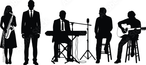 Music band silhouettes performing live, jazz musicians with instruments, concert stage concept, black flat vector illustration isolated on white