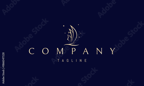 A vector golden logo featuring an abstract image a sailboat gliding over a wave in a clean minimal silhouette.