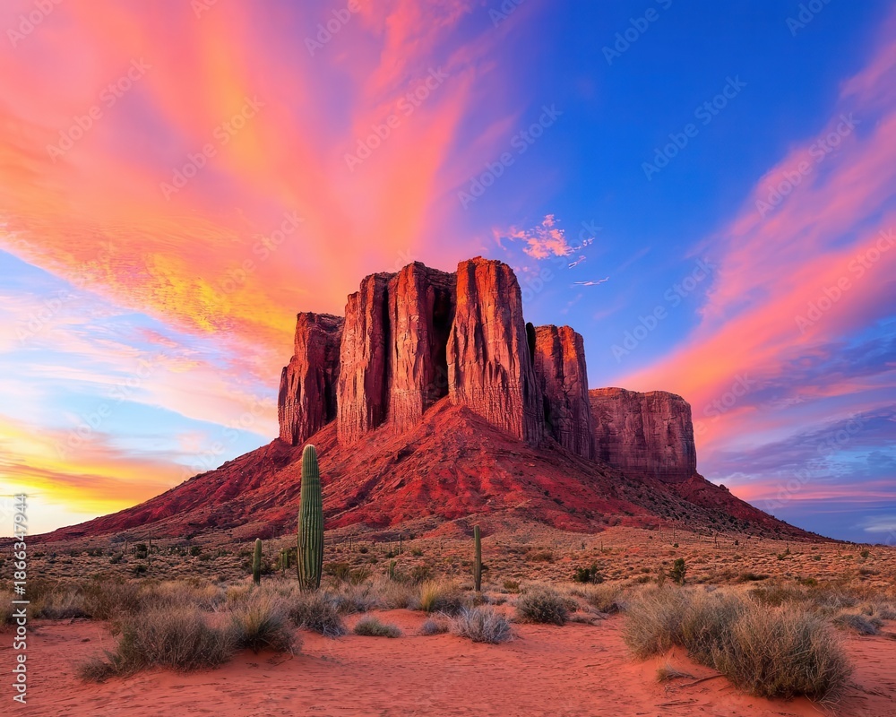 Fototapeta premium Desert mountain range with red rock formations glowing at sunset, southwestern landscape theme