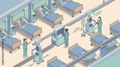 Isometric medical concept: Future hospital ward with automated patient care, nurses monitoring patients with AI robots, high-tech healthcare illustration