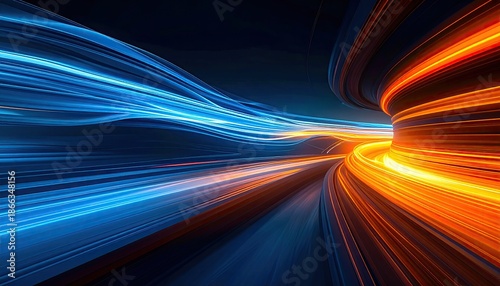 Dynamic abstract design with flowing blue and orange light streaks on a dark background