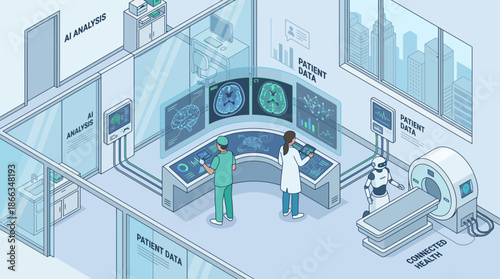 Isometric AI-Powered Healthcare: Doctors and Robot Analyzing Patient Data in Modern Hospital, Connected Health Concept