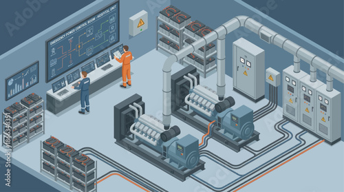 Isometric Emergency Power Control Room Illustration: Engineers Inspecting Hospital Unit Generators and Battery Backup Systems