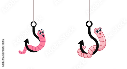 Cartoon worm on a hook. emotion. isolated on a white background. vector illustration. character icon Earthworm. flat style. Crawling animal creature.