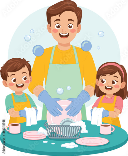 Happy family father washing dishes with son and daughter helping together at home kitchen sink having fun with housework domestic lifestyle vector illustration for family bonding and responsibility co