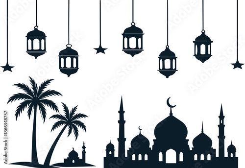 A collection of black vector silhouettes depicting various Islamic themes