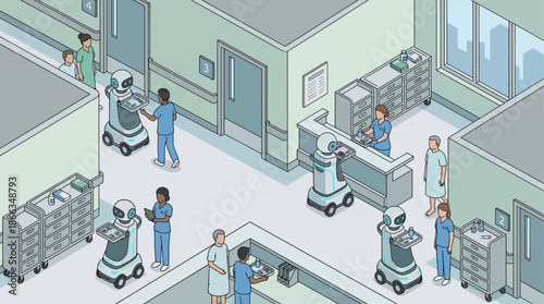 Isometric Hospital Scene with Robots Delivering Medicine - Healthcare Automation and Technology Concept
