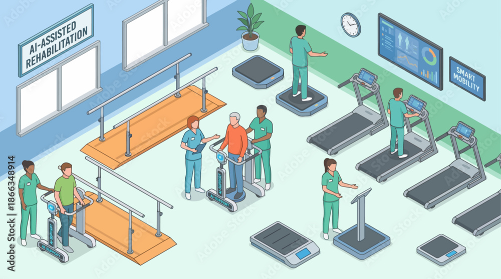 Obraz premium Isometric AI-Assisted Rehabilitation Center: Patients Exercising with Treadmills & Mobility Devices, Guided by Healthcare Professionals for Smart Recovery