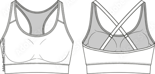 Women sports bra technical fashion illustration, front and back view, cross back straps athletic top, flat vector activewear design