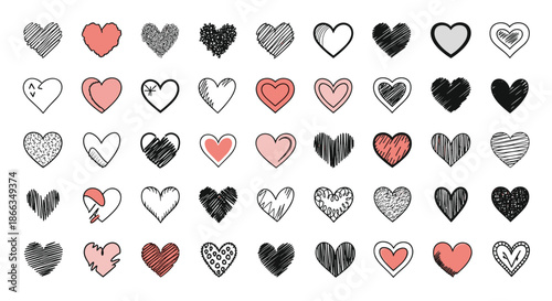 Collection of diverse hand-drawn heart icons featuring various textures patterns and colors for a versatile Valentine or wedding set.