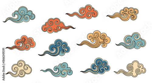 Set of traditional oriental cloud patterns in various colors like blue orange and beige for Asian inspired decorative art.