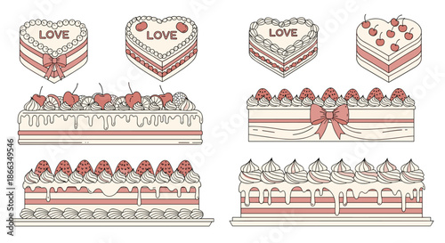 Variety of long rectangular and heart-shaped strawberry and cream cakes with decorative bows and sweet love text.