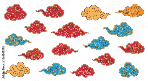 Collection of stylized oriental cloud patterns in vibrant red, blue, and gold colors on a simple white background.