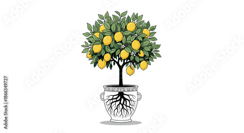 Potted lemon tree with a visible root system inside a decorative ceramic pot isolated on a clean white background.