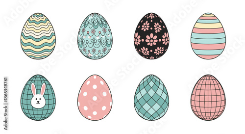 Collection of eight decorated Easter eggs with various patterns like waves flowers stripes dots and a cute rabbit face on one.