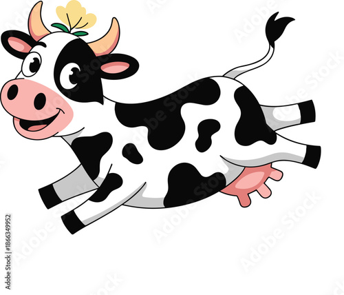 Cartoon cow happily jumping over fluffy clouds cheerful farm animal character illustration whimsical design element for children's book graphics playful mascot dairy product branding agricultural mark