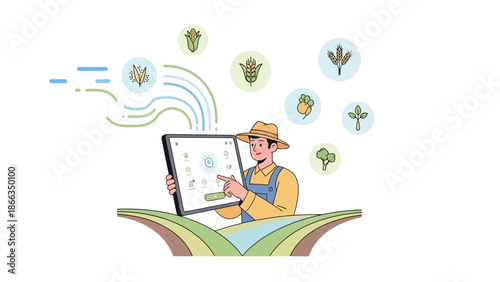 Farmer using tablet for smart agriculture technology on a digital farm.