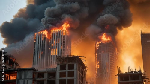 Towering inferno engulfs city skyscrapers in massive fire