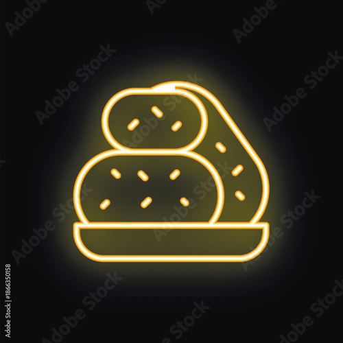 Yellow glowing neon sign representing three falafels on a rectangular plate, over black background