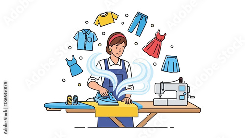 Woman ironing clothes doing household chores
