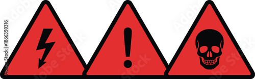 Industrial hazard warning triangle set featuring red signs with black silhouettes for high voltage electricity general caution and lethal danger safety identification design