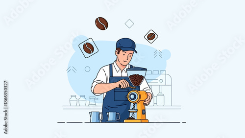 Barista Grinding Coffee Beans in a Cafe Setting Illustration.