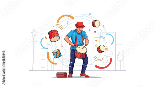 Energetic street musician playing drums with floating percussion instruments.