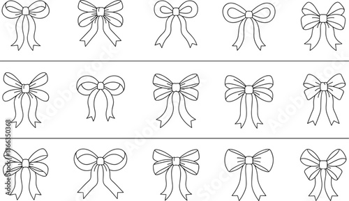 Mega hand-drawn bow and ribbon sketch set featuring fifteen unique decorative outlines with various loop styles and long tails for boutique branding gift wrap and wedding invitation design