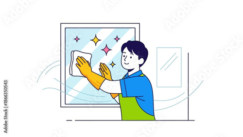 Person in gloves cleaning a window with a cloth, making it sparkle.