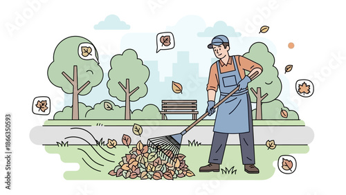 Man raking pile of autumn leaves in a park with trees and bench.