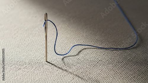 A single needle threaded with blue string on a light fabric surface