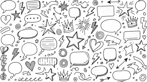 Mega hand-drawn doodle element set featuring sketchy speech bubbles stars crowns hearts and lightning bolts for creative social media storytelling journaling and whimsical branding design