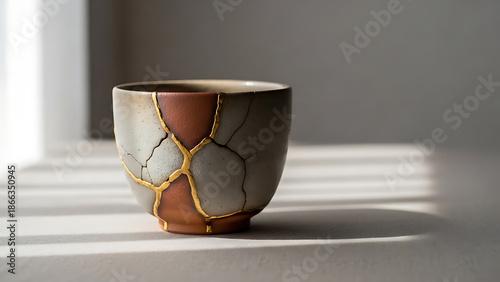 A beautifully repaired ceramic cup showcasing the art of kintsugi and resilience