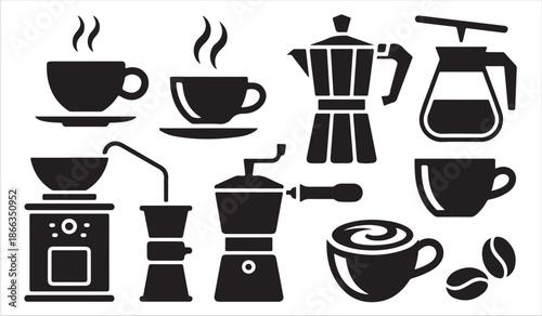 Cafe Drink and Coffee Equipment Black Silhouette Set