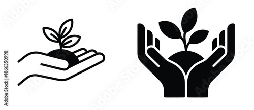Set of vector plant icons showing seedlings in hands, representing ecology, fertility, and nature conservation concepts, ideal for environmental campaigns, sustainable agriculture graphics,