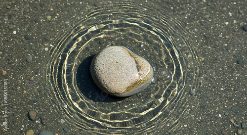A single smooth stone sits amidst ripples in shallow water on sand