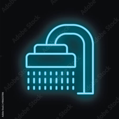 Blue neon shower head shining in the dark, minimalist bathroom interior design concept