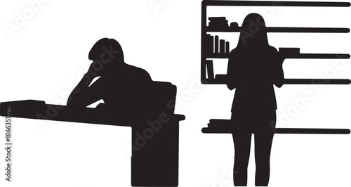 Silhouette of students in a library setting with bookshelves