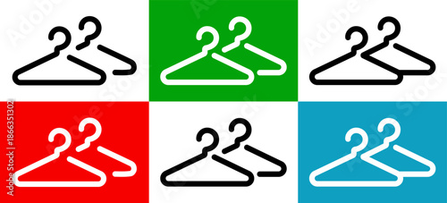 Wardrobe or cloakroom icons with simple hangers outline on diffrent colorec background. Clean vector illustration symbolizing dressing area, storage or changing room. 
