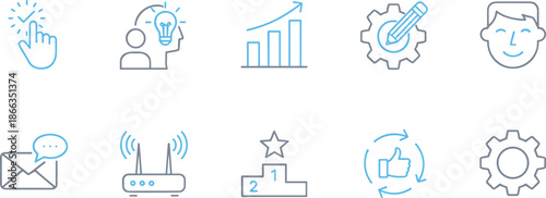 Professional development and creative process icon set featuring gray and blue line symbols for career growth brainstorming data analysis team management and modern workplace communication