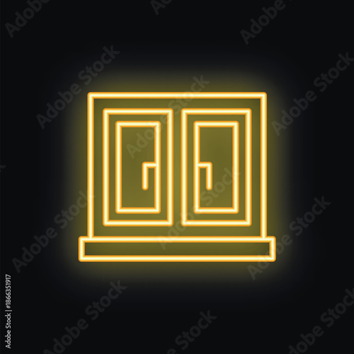 Yellow neon icon of a cupboard with two doors glowing on a black background