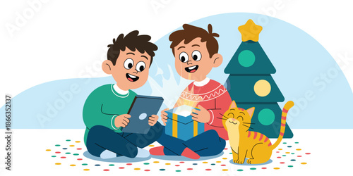 Two happy young boys opening magical Christmas gift with a cat and decorated tree present surprise holiday celebration digital tablet device interaction cartoon illustration for festive social media p